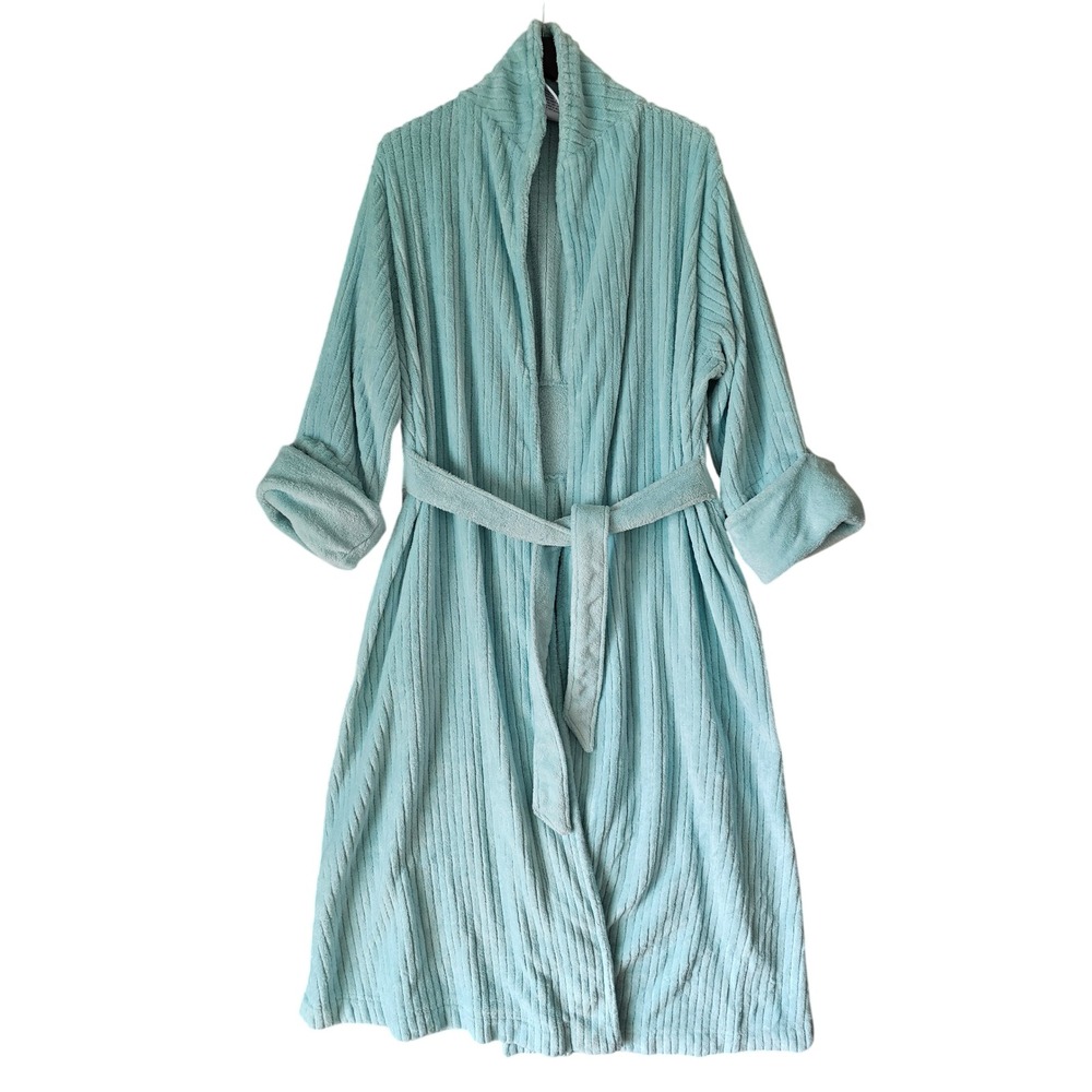 Soft Surroundings Aqua Blue Ribbed Plush Robe Shawl Collar Long L Large
